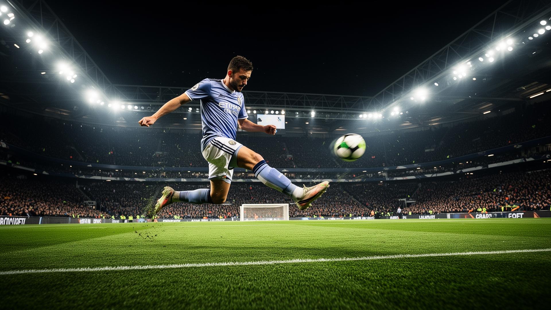 Jogador de futebol chutando a bola ao gol em estádio iluminado
